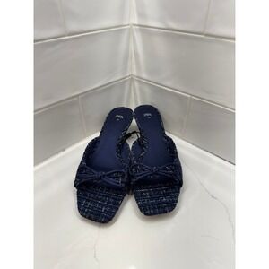 Zara Navy Tweed Square Toe Slide Mules